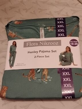 Flora Nikrooz Green Leopard-Print Henley Pajama Set XXL 18-20 NWT